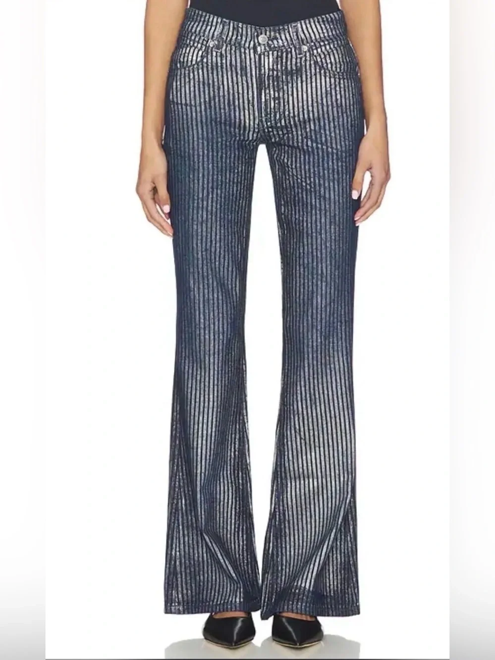 We The Free West Coast Relaxed Metallic Flare Jeans in Country Blue Size 26 NWT